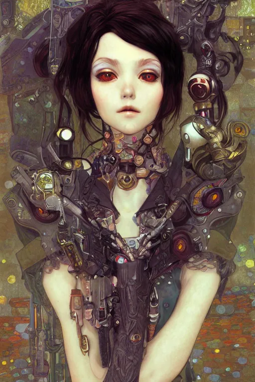 Image similar to portrait of beautiful young fairy, cyberpunk, Warhammer, highly detailed, artstation, illustration, art by Gustav Klimt and Range Murata and Ilya Kuvshinov and Sakimichan