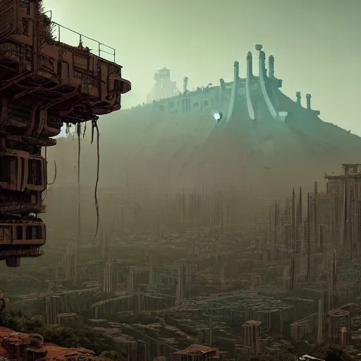 Image similar to mayan cyberpunk city in the center of redwood forest, viewed from a distance, shadow of the colossus screenshot by j. c. leyendecker, simon stalenhag, studio ghibli, and beksinski