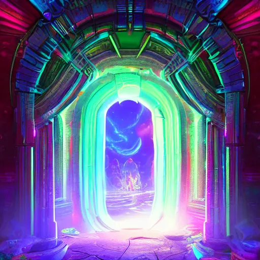 Image similar to portal to another dimension, magnificent, epic, neon, highly detailed, beautiful lighting, fantasy landscape, trending on artstation