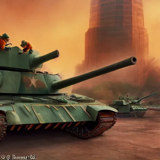 Prompt: screaming winnie the pooh having a tantrum in front of chinese type 5 9 battletank at 1 9 8 9 tiananmen square protest, dystopian, highly detailed, photorealistic, octane render, 8 k, unreal engine. art by artgerm and greg rutkowski and alphonse mucha, epic vibrant