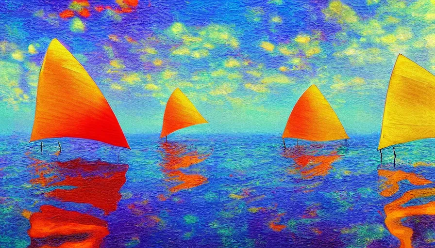 Prompt: hexagon sails, floating in space, blocking the sun, impressionist painting