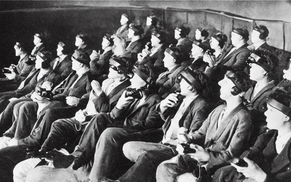 Image similar to 1 9 0 0 s photo of people using iphones ipods virtual reality headsets vr watching hd tv in a movie theater