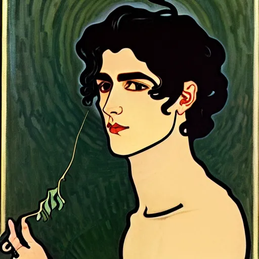 Prompt: painting of handsome beautiful dark medium wavy hair man in his 2 0 s named shadow taehyung at the cucumber soup party, elegant, clear, painting, stylized, delicate, soft facial features, art, art by alphonse mucha, vincent van gogh, egon schiele