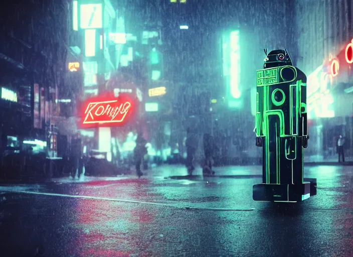 Image similar to a kodachrome photo of a tall huge metallic cyborg droid android with glowing lights, running sprinting on a rainy night in the city in the 1 9 5 0's, dramatic, seen from a distance, canon 5 0 mm, cinematic lighting, film, photography, award - winning, neon, cyberpunk, blade runner