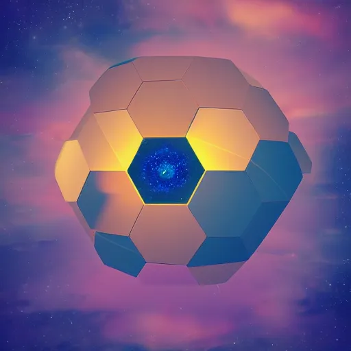 Image similar to hexagon floating above planet earth, sun in space, trending on art station, retro futurism, photo realistic, perspective