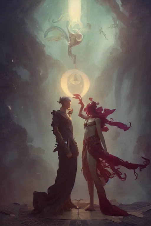 Prompt: the lovers, tarot card, high fantasy, two men, stars, octane render, rossdraws, tom bagshaw, ross tran, charlie bowater, ruan jia, greg rutkowski, alphonse mucha, 1 6 k, warm lighting, character illustration, headroom