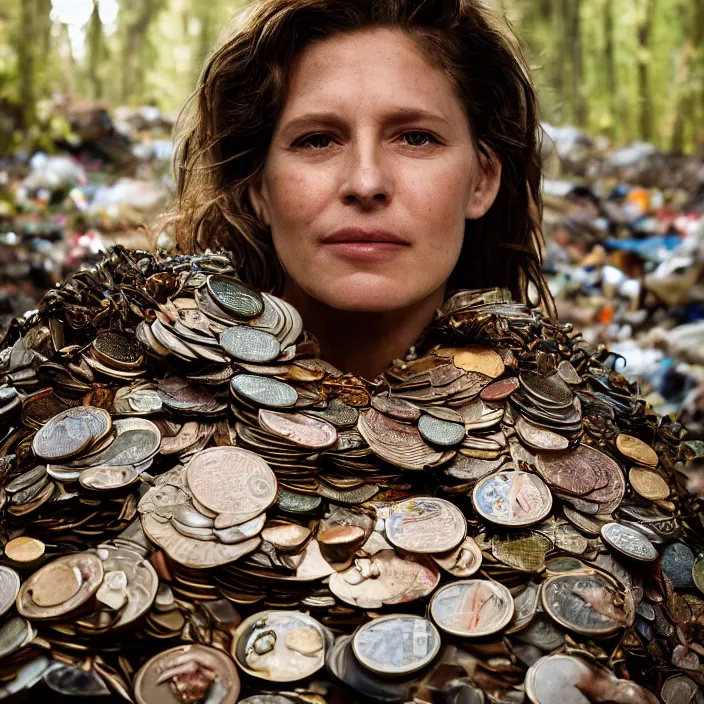 Prompt: closeup portrait of a woman wearing a cloak made of coins, standing in a heap of garbage, forest, by Annie Leibovitz and Steve McCurry, natural light, detailed face, CANON Eos C300, ƒ1.8, 35mm, 8K, medium-format print