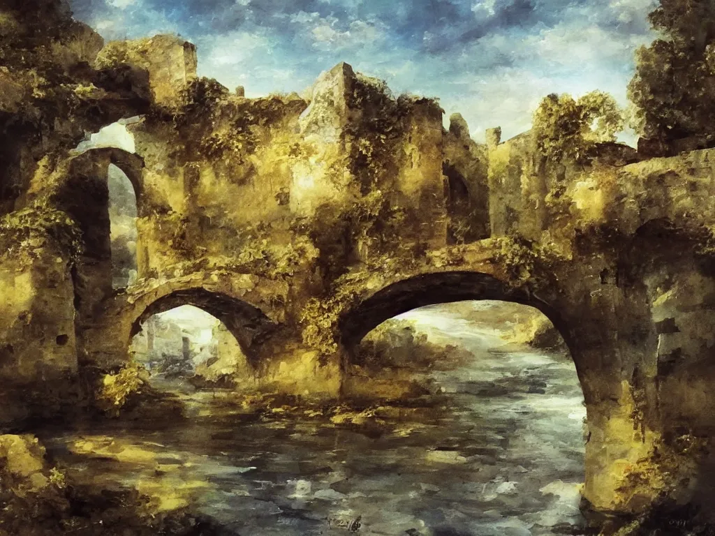 Image similar to modern stylized oil painting of medieval stone bridge, very very very beautiful, funny structure, romanticism by goya, bright art, cinematic dramatic lighting, plants and water