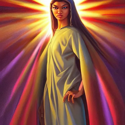 Prompt: a painting of Zendaya as the Messiah by Ross Tran, Bruce Timm and Vladimir Kush, highly detailed digital art, holy aura, serene expression