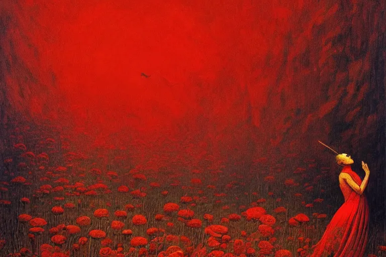 Image similar to only with red, red flowers of different types, a red tiger, a castle in the background, medieval demons dance over the flowers, an ancient path, in the style of beksinski, part by hopper, part by rodcenko, part by hofbauer, intricate composition, red by caravaggio, insanely quality, highly detailed, masterpiece, red light, artstation