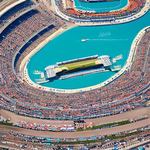 Image similar to f 1 racetrack over pools of bright blue water, birds eye view