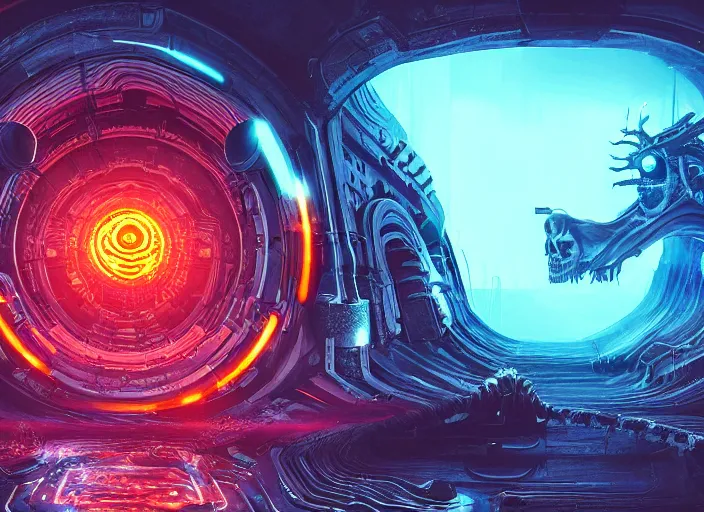 Image similar to a futuristic skull with glowing eyes and a wormhole tunnel, cyberpunk art by android jones, behance contest winner, computer art, darksynth, synthwave, rendered in cinema 4 d