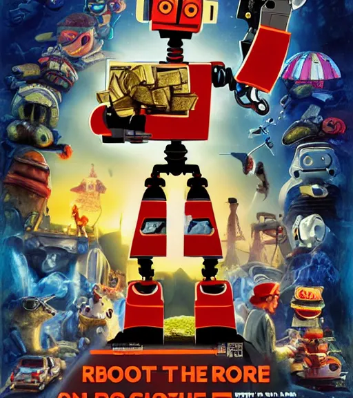 Image similar to a movie about a robot searching for a treasure, movie poster, cartoon art