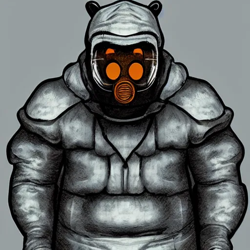 Image similar to portrait of full body bear beast-man wearing a hazmat suit, digital art, concept art, highly detailed, sharp focus