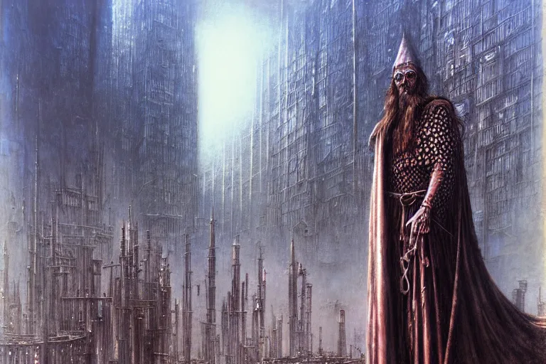 Image similar to medieval wizard in cybercity by luis royo and wayne barlowe, beksinski