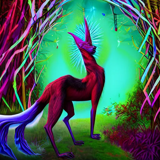 Image similar to psychedelic digital art of a sergal posing confidently in an enchanted forest, 4K, trending on artstation