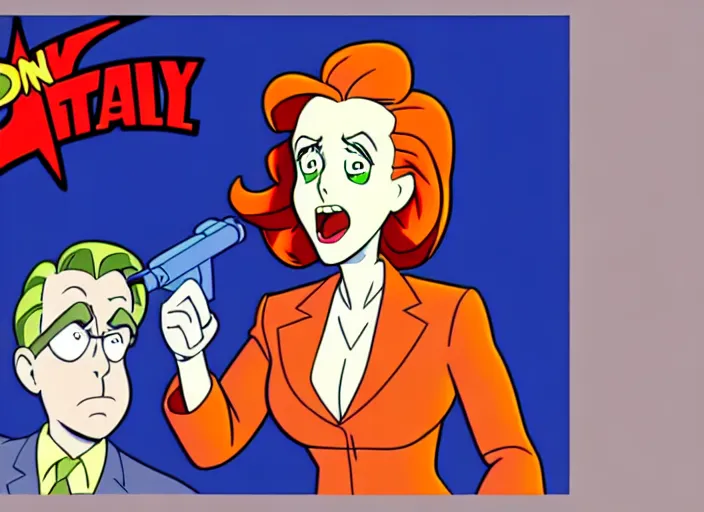 Image similar to dana scully on the real ghostbusters, shaded animation cel, anime, sharp detail, animation cel, thin linework, in the style of don bluth, bruce timm, studio trigger, 5 k, hd