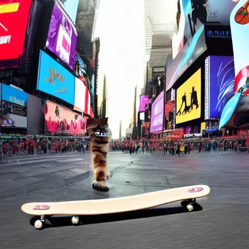 Image similar to A cat riding a skateboard in Times Square, New York City, 4k wallpaper, digital art, trending on artstation