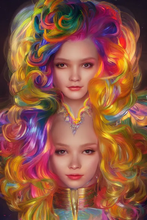 Prompt: Portrait of rainbow brite doll beautiful smiling Ultra realistic illustration, vibrant colour, fantasy, intricate, elegant, highly detailed, digital painting, artstation, concept art, smooth, sharp focus, illustration, art by Yintion J , Jiang Geping and artgerm and greg rutkowski and alphonse mucha.