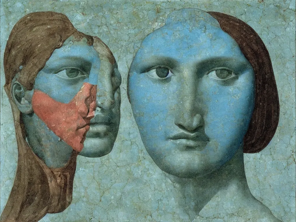 Image similar to marble greek sculpture head of the god of nightmares with inlaid crystal eye. lapis - lazuli, turquoise, malachite, cinnabar, earth brown. painting by piero della francesca, balthus, agnes pelton