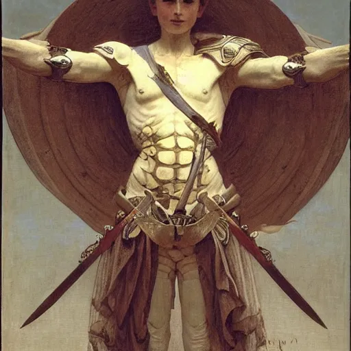 Image similar to portrait of a fully armed skeleton archer with big sword, wearing helmets and armor with wings, symmetrical, solemn, sacred, aura, by bouguereau