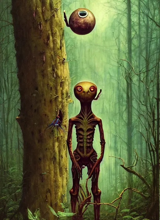 Image similar to cuddly friendly alien in the woods by a river gorgeous lighting, lush forest foliage blue sky a hyper realistic painting by chiara bautista and beksinski and norman rockwell and greg rutkowski, tom bagshaw weta studio, and lucasfilm