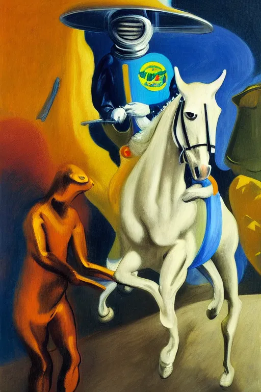 Image similar to man in horse costume, horse in costume astronaut, racing on astronauts, hauntingly surreal, highly detailed painting by francis bacon, edward hopper, adrian ghenie, gerhard richter, and james jean soft light 4 k,