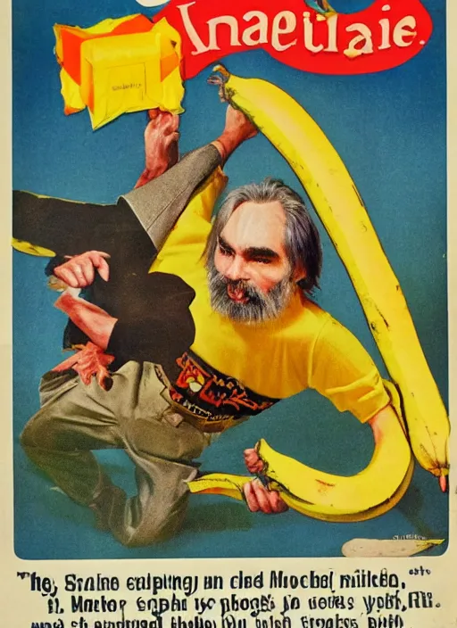 Image similar to vintage model train magazine advertisement depicting charles manson slipping on a banana peel