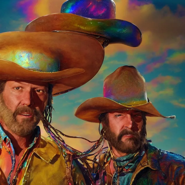 Image similar to 1 9 7 0's spaghetti western film octane render portrait by wayne barlow and carlo crivelli and glenn fabry, a person wearing a shiny colorful iridescent latex suit and cowboy hat covered in colorful slime, standing in a colorful scenic western landscape with multicolored clouds, cinema 4 d, ray traced lighting, very short depth of field, bokeh