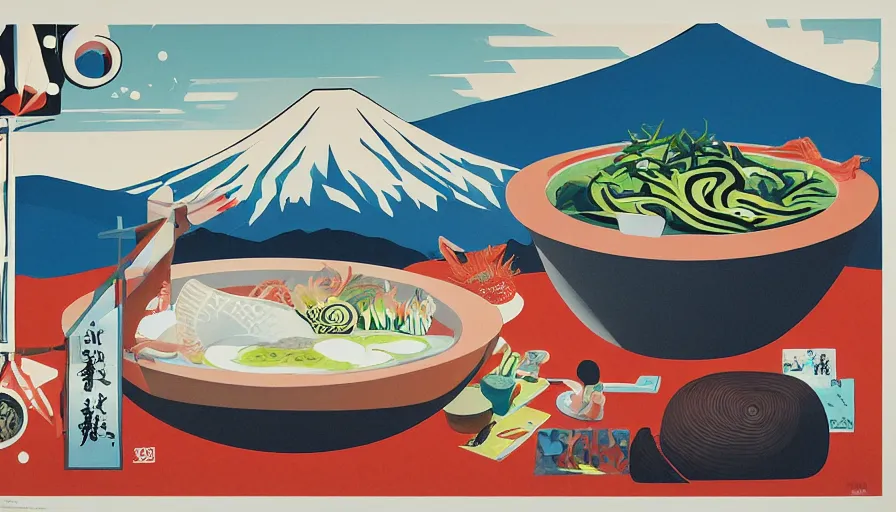 Prompt: award winning graphic design poster advertising an art exhibition, cutouts constructing an contemporary art depicting a colossal tonkotsu ramen bowl massive in the foreground, containing rural splendor and a mountain range isolated on white, a single Mount Fuji in the distant horizon, ramen bowl containing bountiful crafts, local foods, in the style of edgy and eccentric abstract cubist realism, neo-classical painting items composition confined and isolated on white, negative space mixed media collage painting by Alex Yanes, Leslie David and Lisa Frank, muted colors with minimalism, neon color details