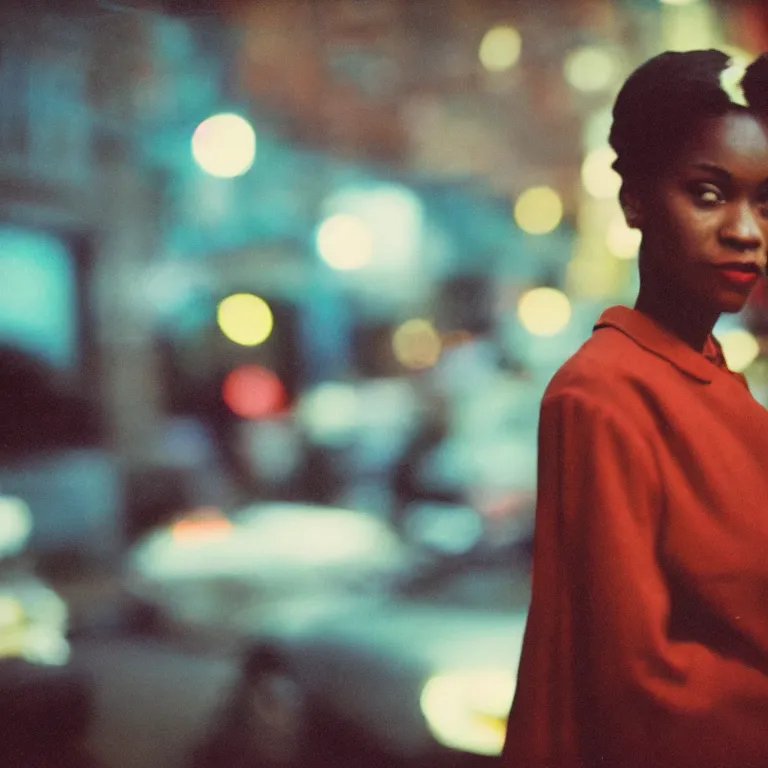 Prompt: analog medium format film night flash bokeh close - up portrait of woman in harlem, 1 9 6 0 s hasselblad film street photography, featured on unsplash, photographed on vintage expired colour film