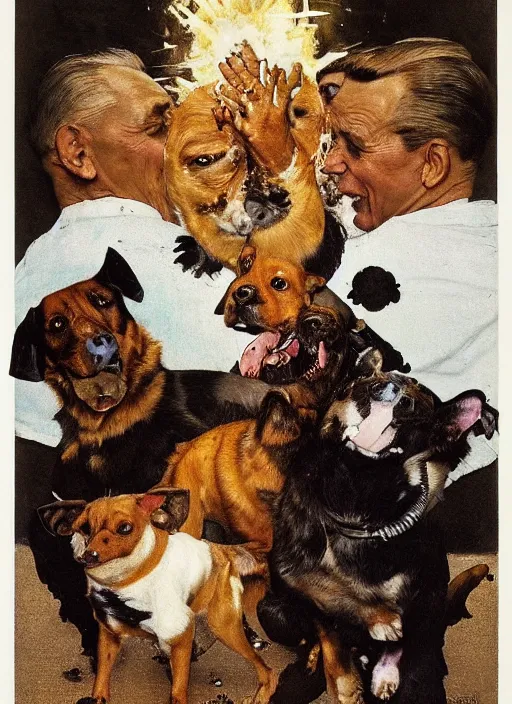 Image similar to a norman rockwell painting of an exploding dog