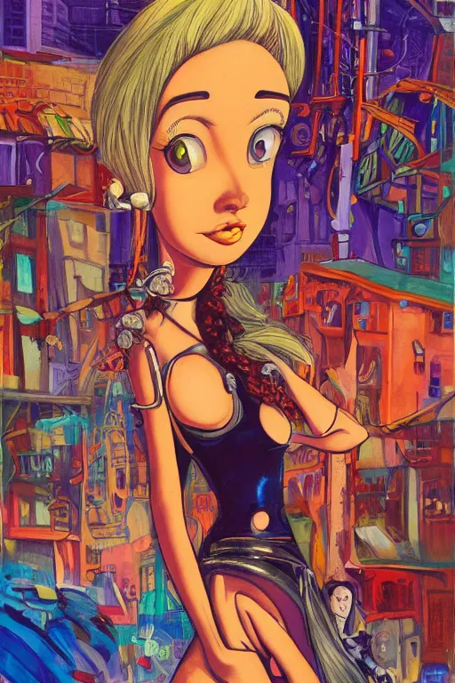 Image similar to portrait of an attractive young female protagonist, center focus, in city street, surreal, colorful, detailed artwork by ralph bakshi