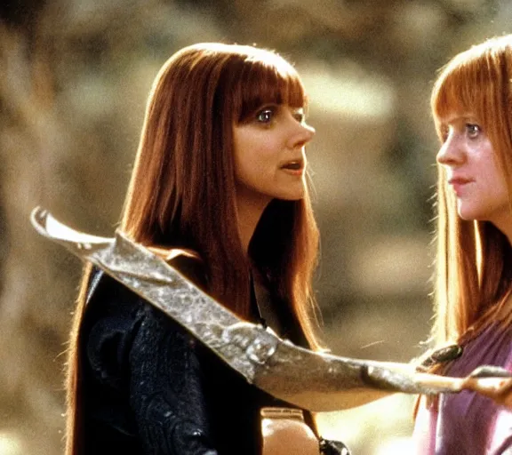 Image similar to a movie still of sarah gellar as xena speaking to ron weasley in the movie harry potter