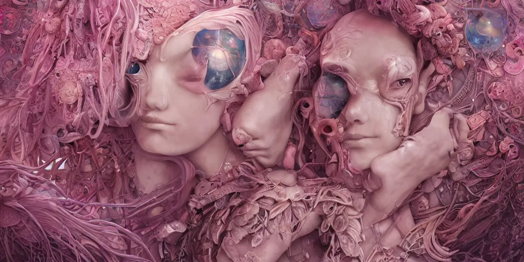 Image similar to hyperrealistic solarpunk photography of a highly detailed and symmetrical gorgeous cyborg nymph awash in a sea of pink milk in the style of beth cavener, jin kagetsu, james jean and wlop, highly detailed, face symmetry, masterpiece, award - winning, sharp focus, intricate concept art, ambient lighting, 8 k, artstation