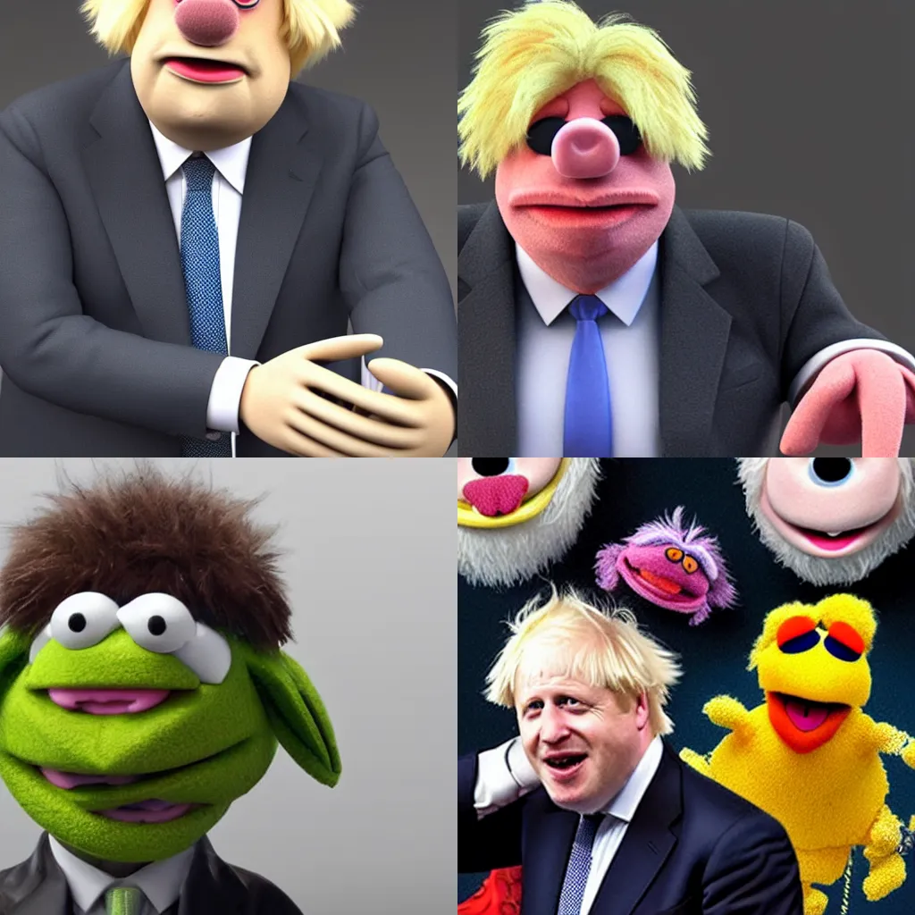 Prompt: A realistic 3d render of Boris Johnson as a muppet in a suit, subsurface scatter, garish, highly detailed, photorealistic