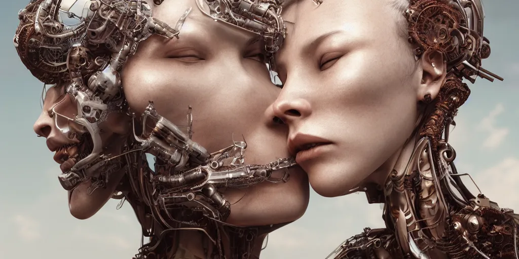 Image similar to hyper realistic photography of a beautiful cyborg female, intimate holding close, in the style of beth cavener, jin kagetsu, wlop, westworld, highly detailed, intricate filigree, symmetry, masterpiece, concept art, highkey lighting, ambient lighting, octane render, 8 k, artstation