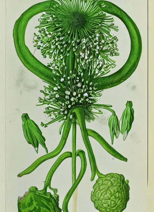 Prompt: scientific botanical illustration of green colorful flower with a mouth