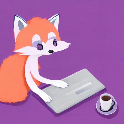 Image similar to A light pink fox with purple hair sits at a desk typing on a laptop with a cup of coffee, digital painting, furry fandom, detailed