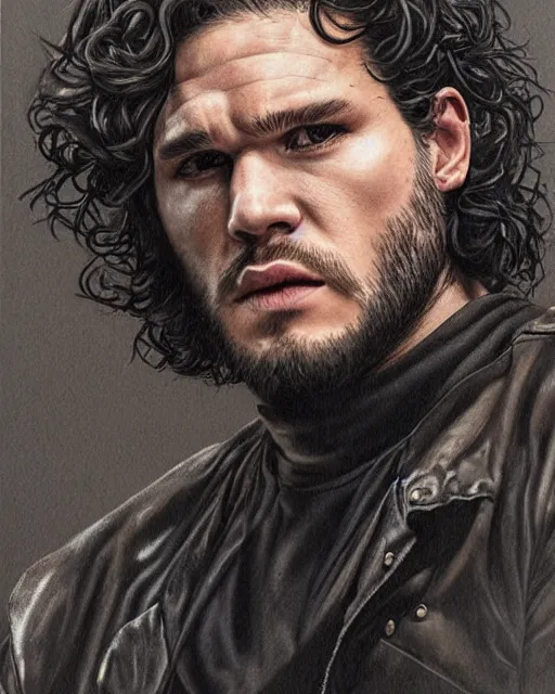 Prompt: portrait of kit harrington, gritty, dark, wearing a undone leather jacket, bare-chested, very detailed eyes, hyperrealistic, very detailed painting by Glenn Fabry, by Joao Ruas, by Artgerm, mfs shot