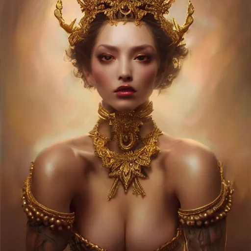 Prompt: expressive oil painting, of alluring european princess, seductive look, smirking, smooth glowing skin, glistening body, love, adoration, sweat, tattoos, ornate headpiece made from fabric, glamour shot, by yoshitaka amano, by greg rutkowski, by jeremyg lipkinng, by artgerm, digital art, octane render, heavenly aesthetic