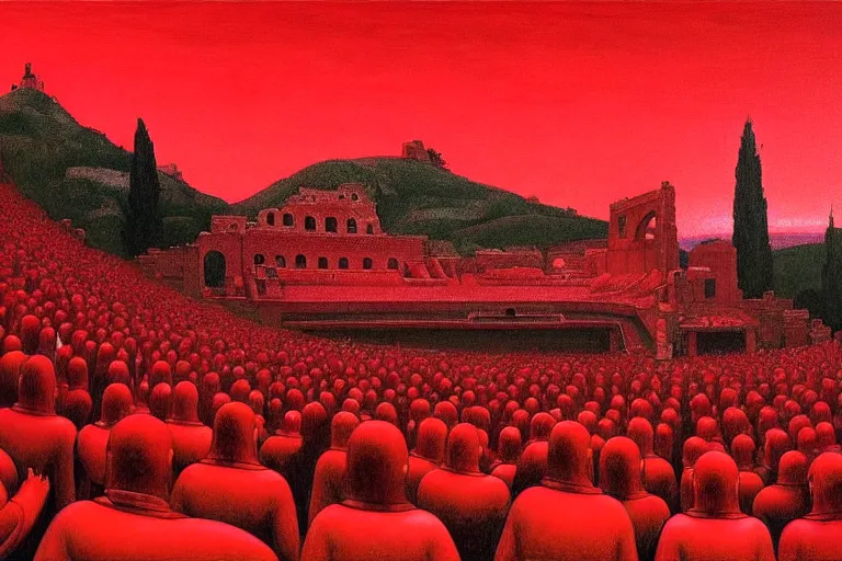 Image similar to only with red, a red great emperor, taormina amphitheatre, crowd with big smile, in the style of beksinski, parts by edward hopper, parts by rodcenko, parts by yue minjun, intricate and epic composition, red by caravaggio, insanely quality, highly detailed, masterpiece, red light, artstation, 4 k