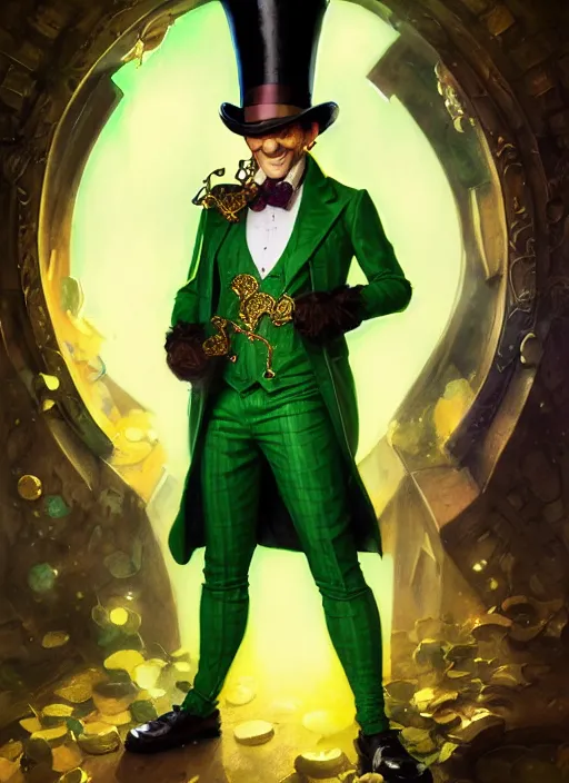 Prompt: cinematic portrait of leprechaun trickster, green tailored suit and top hat with gold buckle by artgerm, cushart krenz, greg rutkowski, mucha. art nouveau. gloomhaven, glowing lucky charms, vibrant colors, sharp edges. ultra clear detailed. 8 k. elegant, intricate, octane render