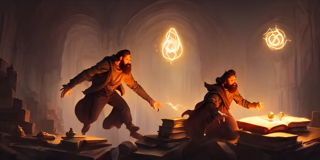 Image similar to a handsome bearded caucasian male sorcerer with brown hair, he is in a alchemist lab, casting a spell from a floating book, action pose, digital art, concept art, epic composition, 4 k, super coherent, by dave melvin and greg rutkowski