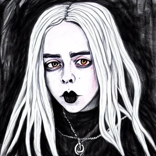 Image similar to grunge drawing of billie eilish in the style of jack skellington