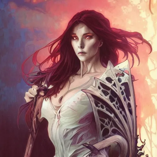 Image similar to Demon Knight of Death, by Artgerm and Greg Rutkowski and Alphonse Mucha