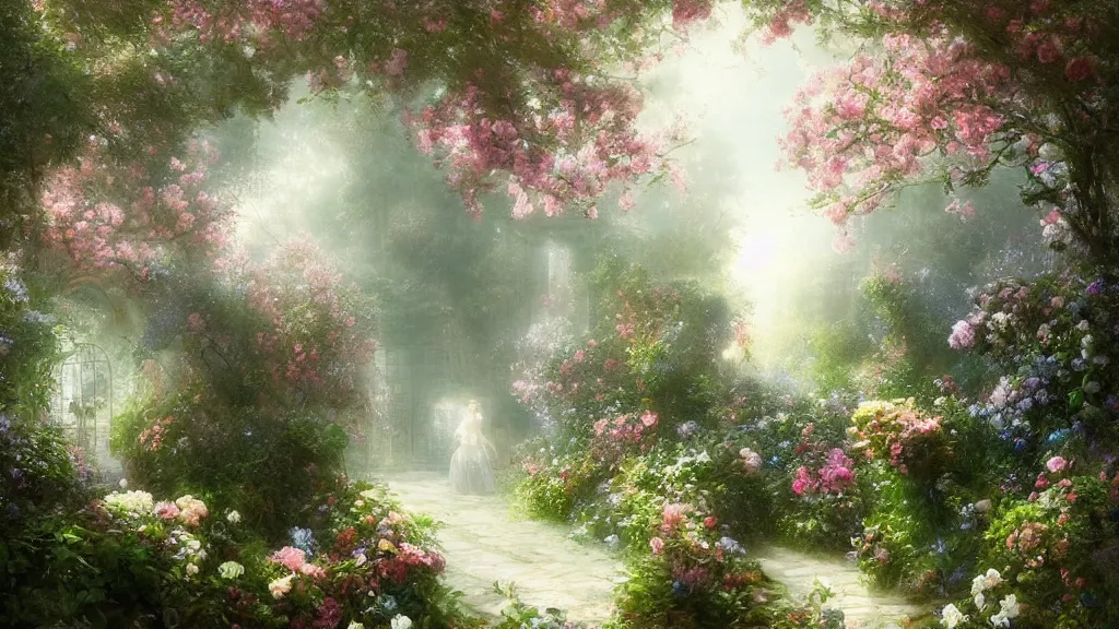 Prompt: a secret garden with many flowers. andreas achenbach, artgerm, mikko lagerstedt, zack snyder, tokujin yoshioka