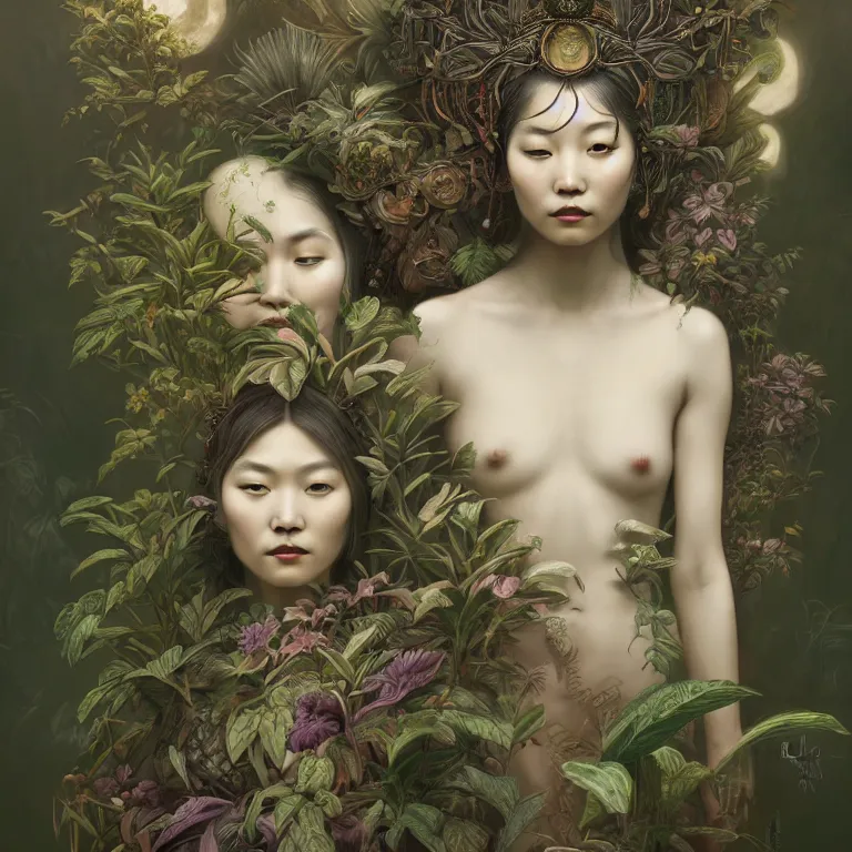 Prompt: breathtaking detailed concept art painting art deco portrait of a gaea goddess amalgamation plants, by hsiao - ron cheng, bizarre compositions, exquisite detail, extremely moody lighting, 8 k