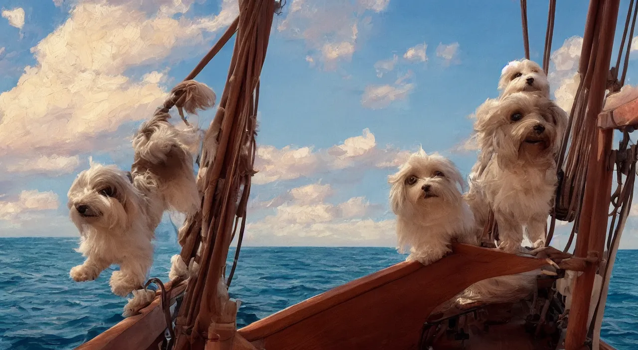 Prompt: havanese dog sailing on top of a wooden boat from 1 9 0 0, looking out to the see, leaving the port at havana, 1 9 0 0, tartakovsky, atey ghailan, goro fujita, studio ghibli, rim light, mid morning lighting, clear focus, very coherent