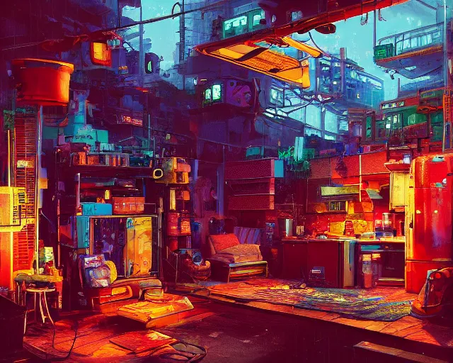 Image similar to IKEA catalogue photo of a cyberpunk shed, by Paul Lehr